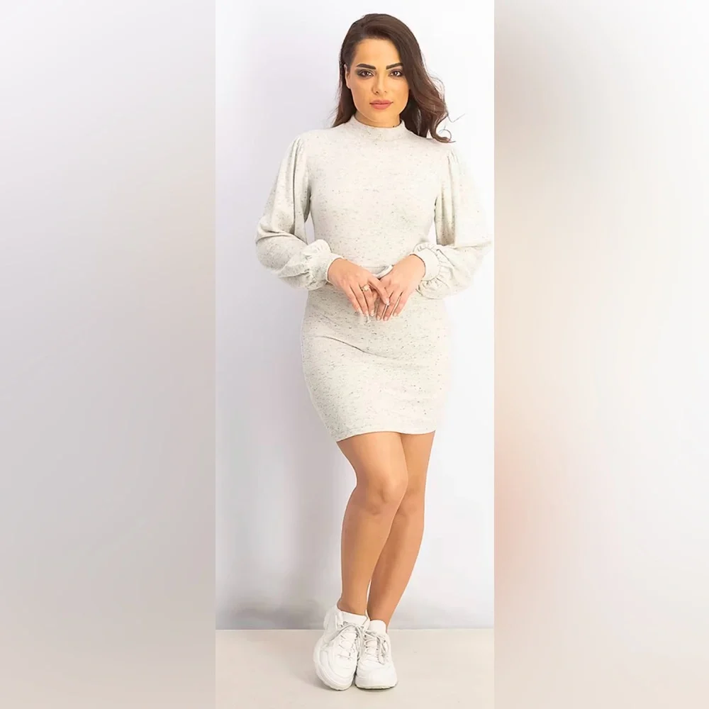 TopShop Womens Crew Neck Long Sleeves Textured Pattern Bodycon Dress Tan Combo - Picture 1 of 8